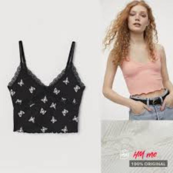 Divided H&M Black Lace Butterfly Print Cami Adjustable Cropped Tank Top sz XS - Picture 1 of 12